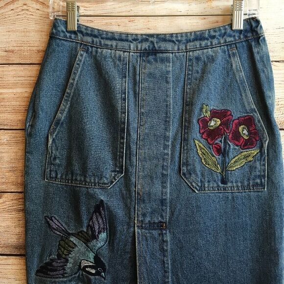 VINTAGE HONEY PUNCH EMBROIDERED JEAN SKIRT‎ - Picture 2 of 9